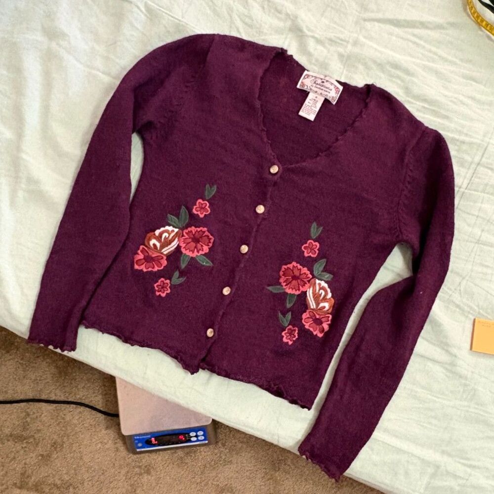 Wool and Cotton Embroidered Flower Cardigan Vtg Small - Picture 2 of 6